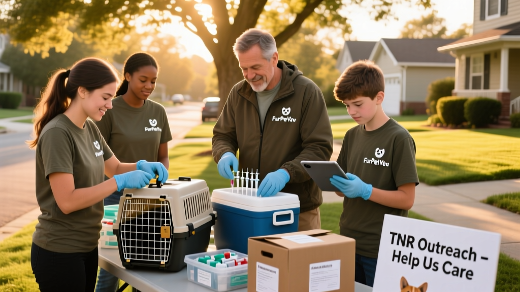 A team of FurPetVo volunteers preparing traps and supplies before a coordinated TNR effort in a suburban neighborhood