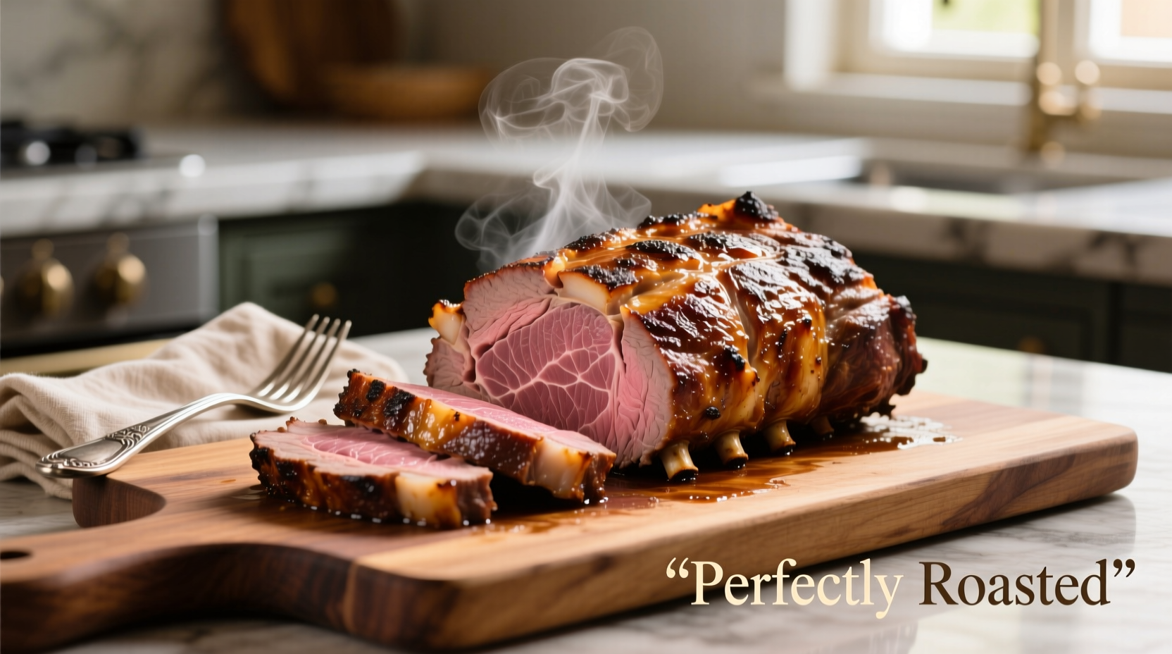 Perfectly cooked rib roast with golden crust and pink center