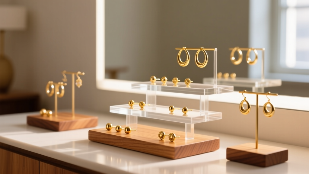 Wide shot of a vanity featuring tiered acrylic and wood earring display racks holding gold hoops and studs in warm soft lighting