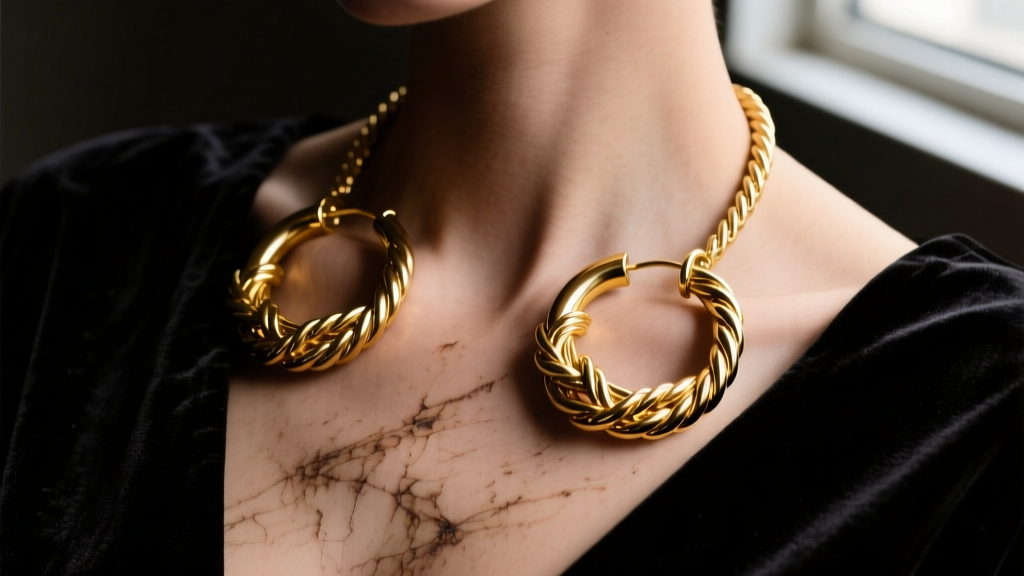 Weathered chest revealing thick 14k gold hoop earrings with nautical rope details resting on dark velvet fabric in moody lighting