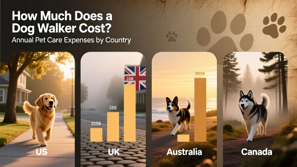 An infographic comparing annual dog walking costs across four countries: US, UK, Australia, and Canada
