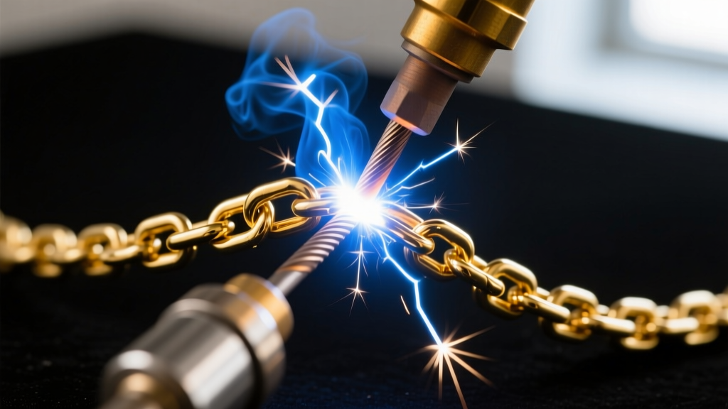 Close-up of a pulse arc welder tungsten electrode sparking on a 14k gold chain link, with an argon gas nozzle visible nearby.