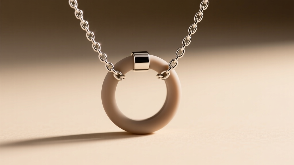 Macro shot of a sliding silicone-lined junction ring on a silver lariat drop down necklace, showing chain threading detail.
