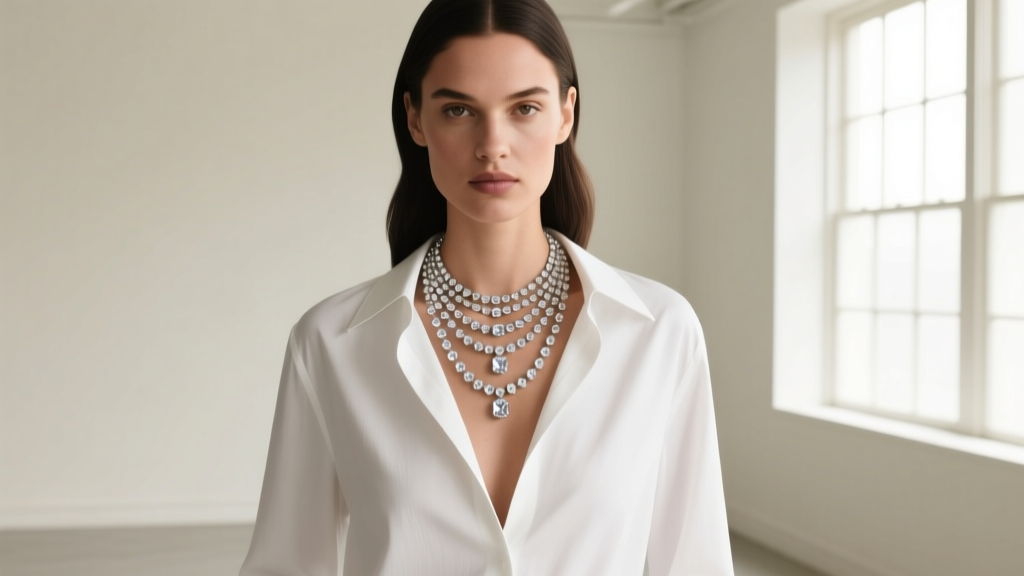 Model wearing a structured white poplin shirt with a deep V-neck, layered with a multi-strand J.Crew crystal collar necklace