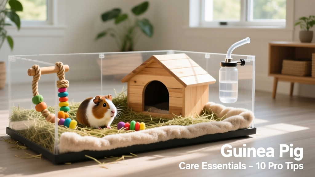 Well-equipped guinea pig habitat showing hay, hideout, chew toys, water bottle, and fleece liner in a spacious, tidy setup