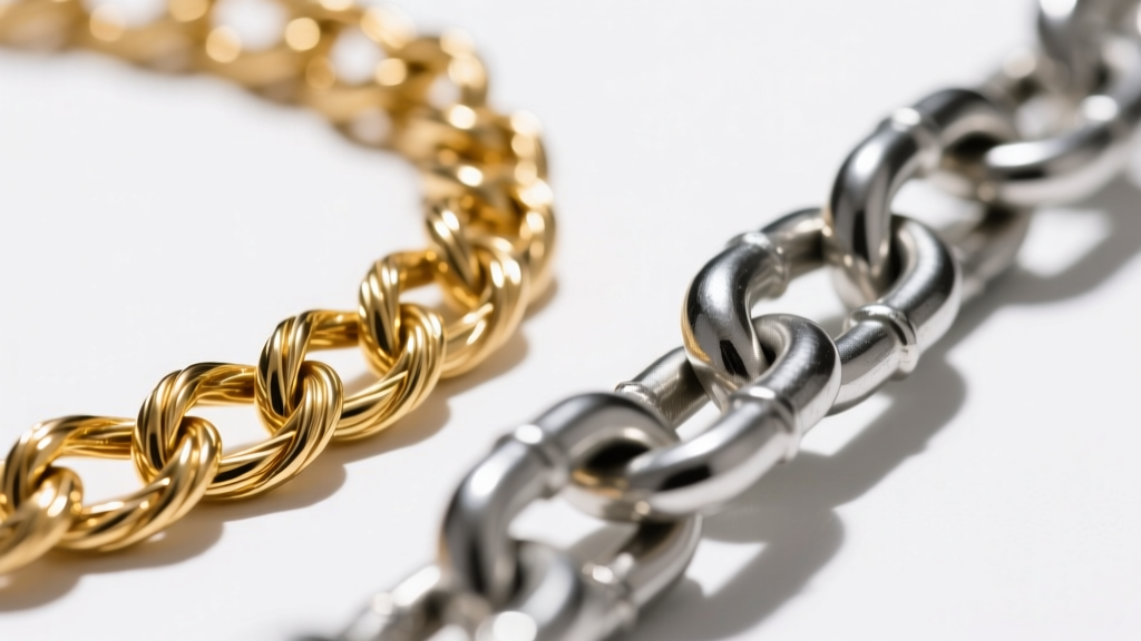 Close-up of hollow gold rope chain and solid aluminum curb chain, showing structural differences in link thickness and weight