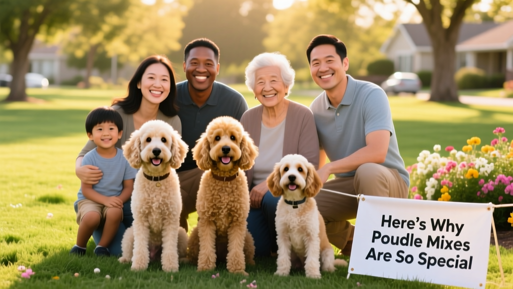 A diverse group of healthy, happy Poodle mixes — including a Labradoodle, Goldendoodle, and Cockapoo — sitting calmly beside their adoptive families at a FurPetVo adoption event