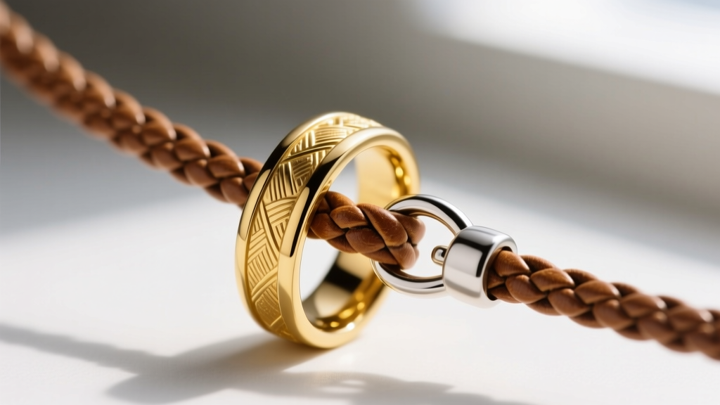 Close-up of a heavy 18k yellow gold wedding band threaded onto a 2mm braided leather necklace with a silver lobster clasp