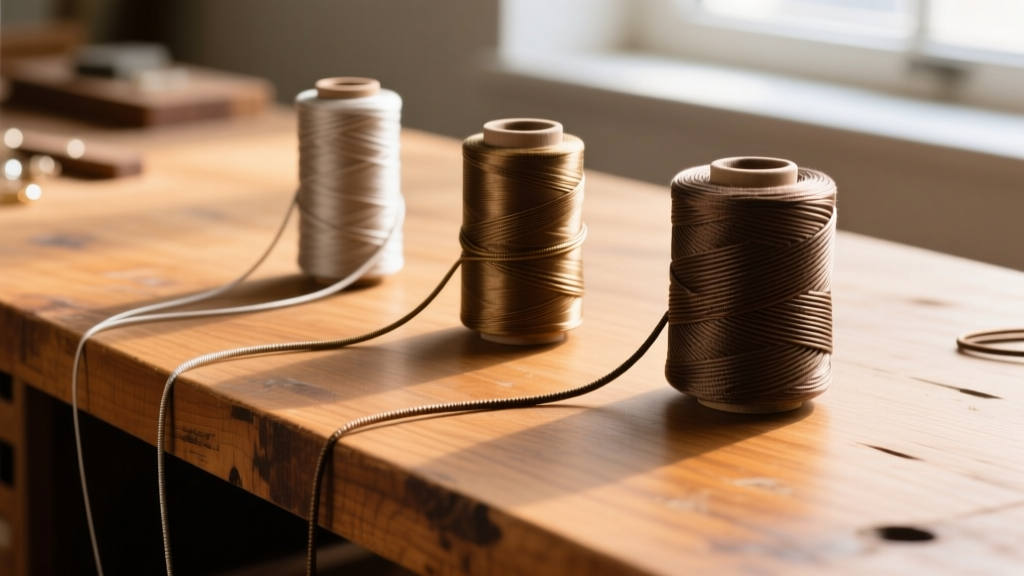 Three spools of waxed polyester cord in varying thicknesses unspooled to show texture on a wooden jeweler workbench.