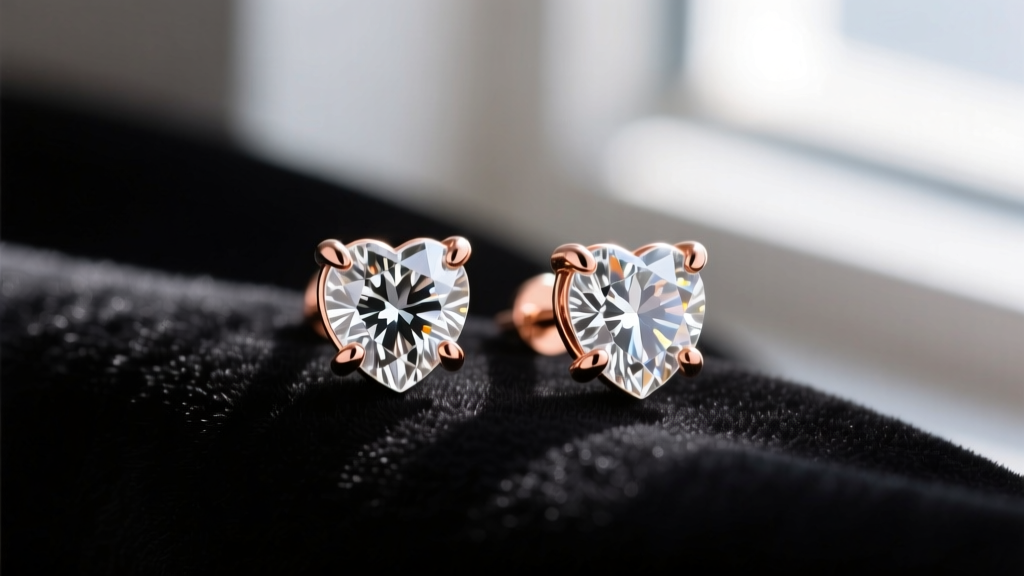 Macro shot of half-carat diamond heart earring studs in rose gold with five prongs, resting on dark velvet fabric.