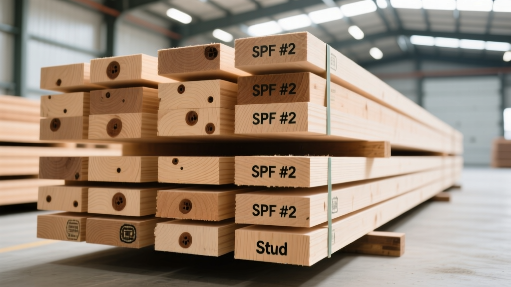 Framing lumber stacks of SPF #2 and Stud grades displaying knot sizes, wane edges, and ink grade stamps under bright warehouse lights.