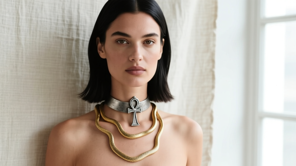 Model wearing an oxidized sterling silver ankh choker layered with a delicate gold snake chain against a neutral linen top