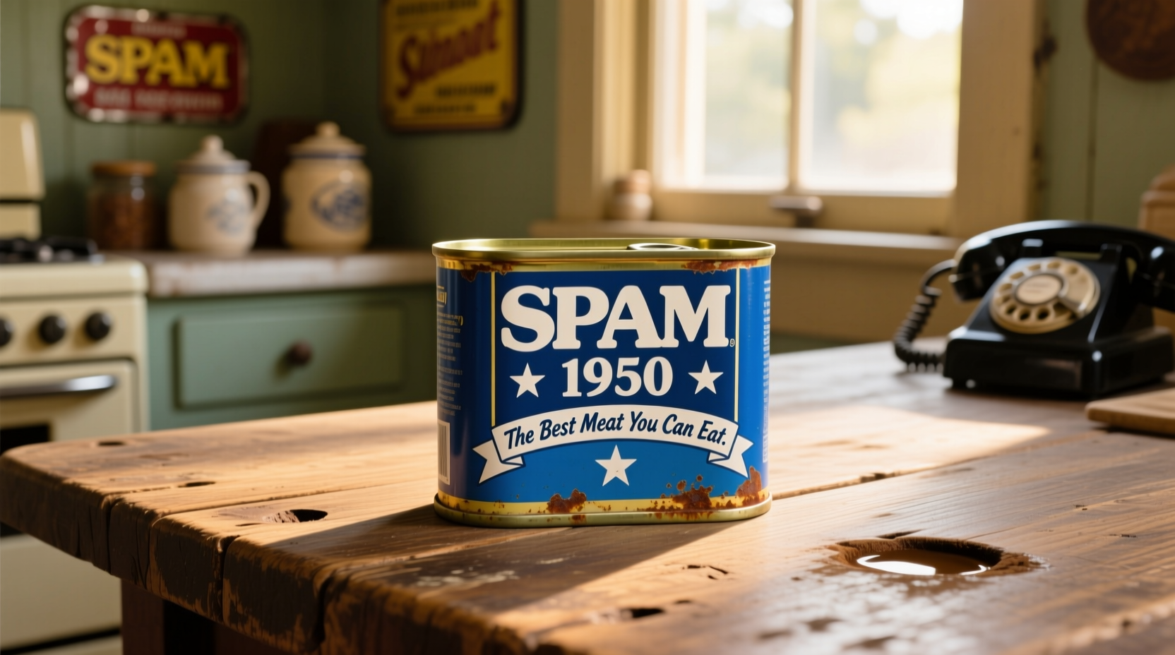 Vintage SPAM can with blue label on wooden table