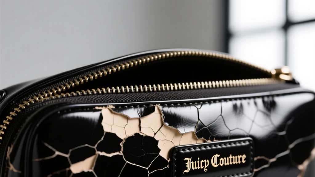 Macro shot of peeling black polyurethane faux leather on the zipper edge of a vintage 2006 Juicy Couture travel jewelry case.