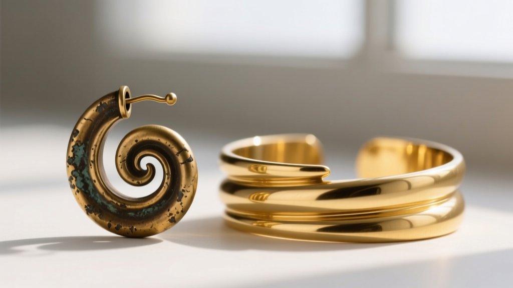 Macro comparison of a tarnished brass spiral earring and a pristine 14k gold spiral cuff, highlighting surface metal degradation