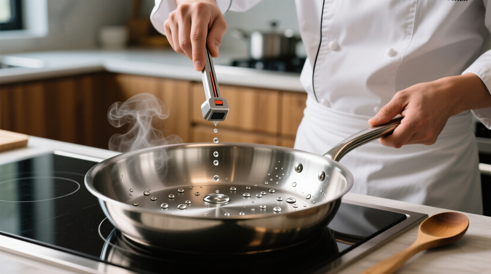 Chef testing stainless steel pan temperature with water droplets