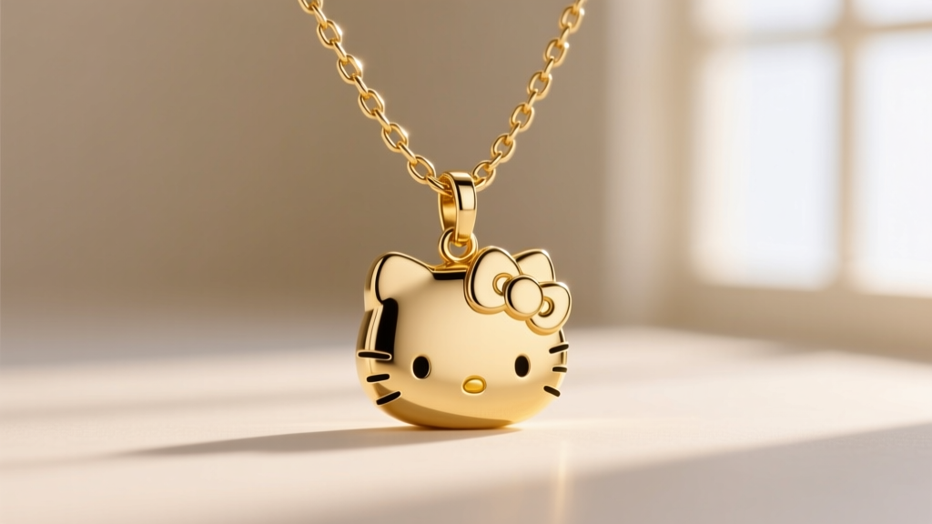 A delicate 1.2mm 14k gold box chain threading through the bail of a solid gold Hello Kitty charm, soft diffused background lighting.