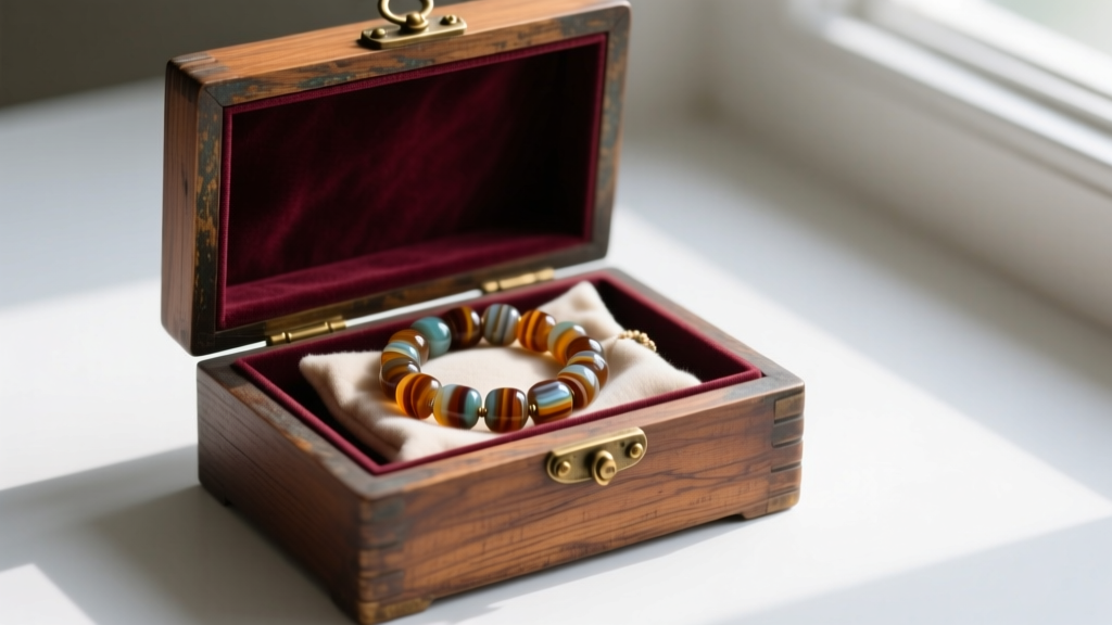 Antique wooden jewelry box lined with velvet, holding a coiled agate necklace inside an individual anti-tarnish flannel pouch.