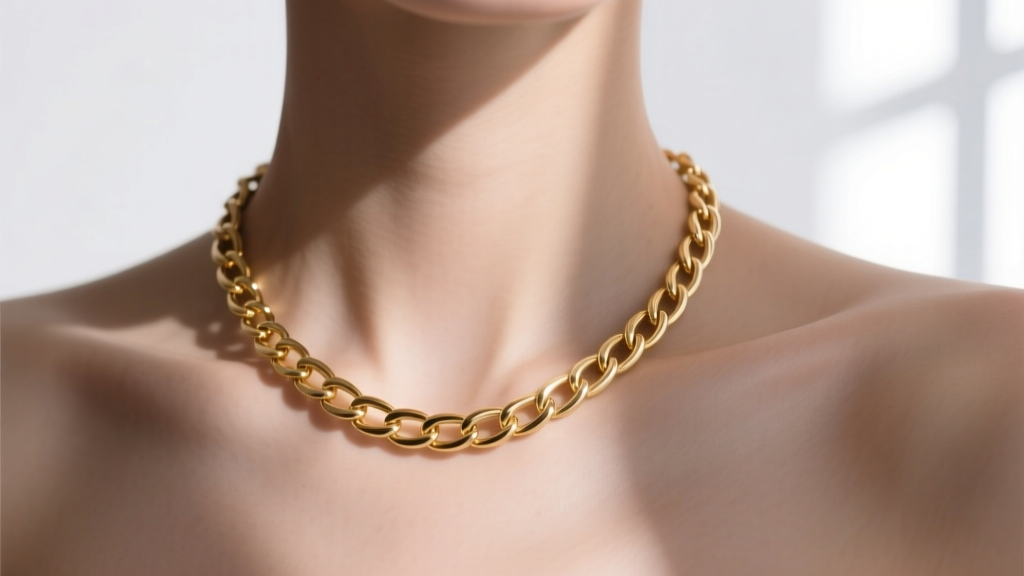 Close-up of a delicate 15 inch gold chain necklace resting on a collarbone, soft studio lighting, elegant and minimalist mood