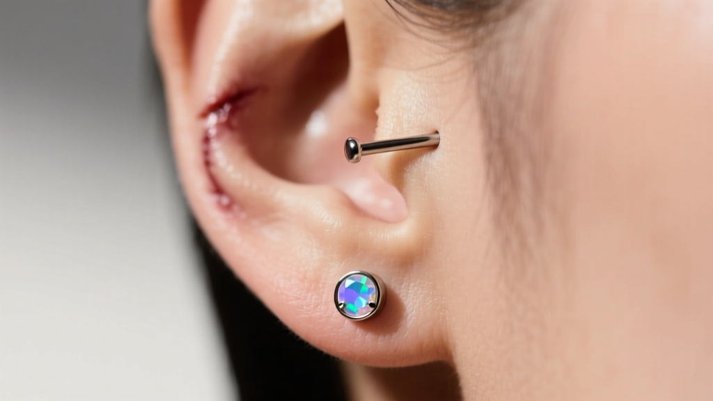 Close-up profile of a healed tragus piercing featuring a minimalist 6mm titanium labret stud with a small bezel-set opal gemstone
