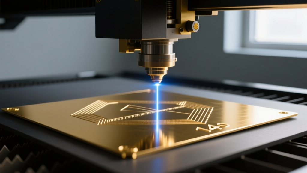 Laser cutter engraving a 14k gold sheet, showing the precise 0.1mm kerf width from a digital vector template in a dim studio.