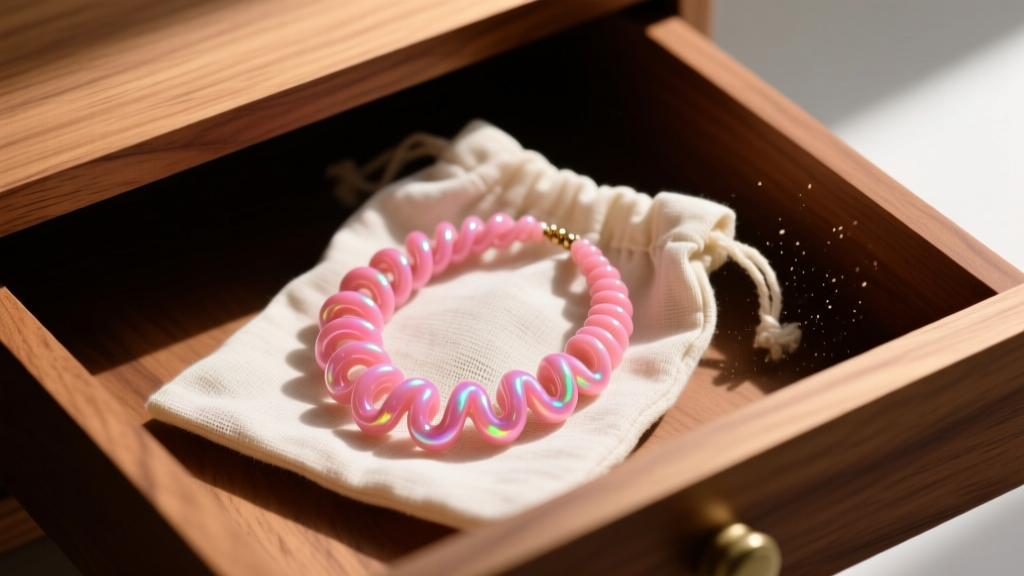 Coiled pink coral necklace stored in a breathable, unbleached cotton jewelry pouch, resting inside a cedar-lined wooden drawer