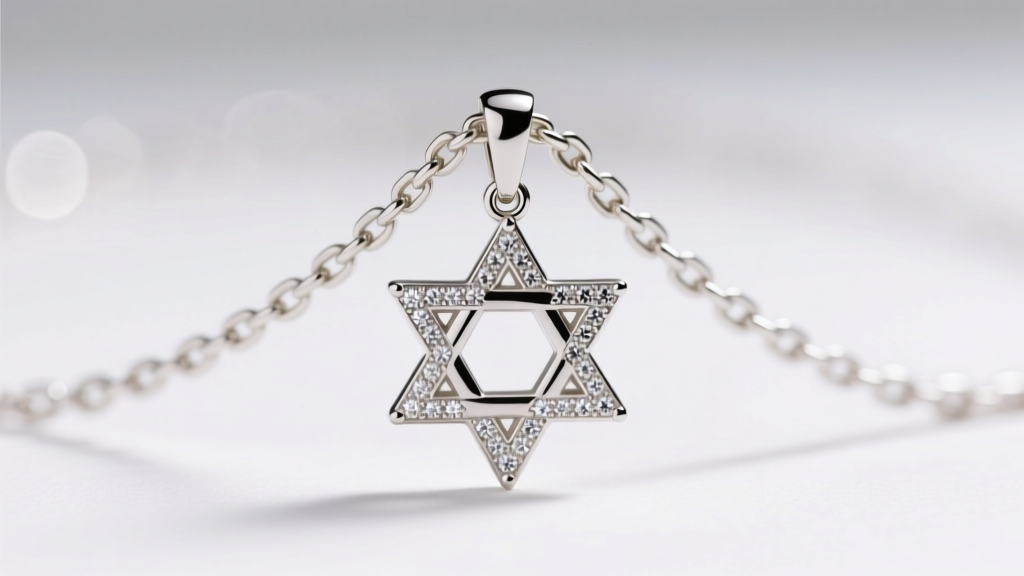 Extreme close-up of a 1.5mm white gold box chain threading through a hidden bail on a diamond-accented Star of David pendant