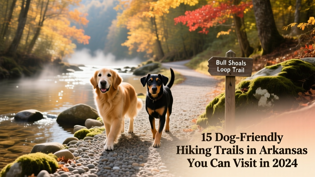 Two dogs walking side-by-side on a sun-dappled gravel trail beside a clear mountain stream in Arkansas