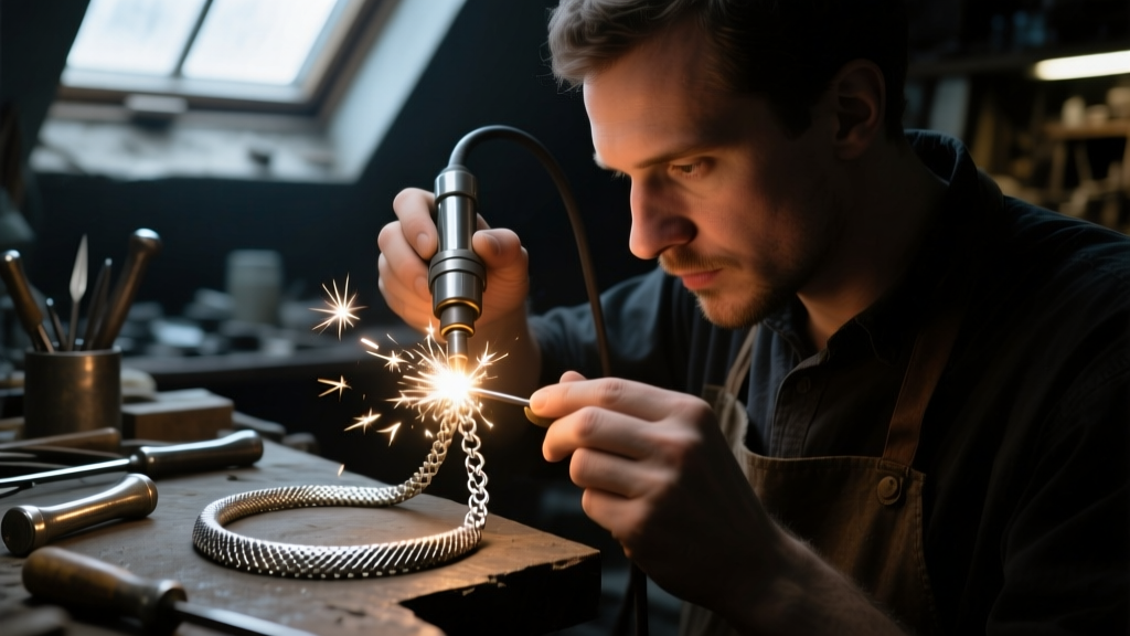 Jeweler using a laser welder to repair a kinked vintage snake chain necklace, with bright sparks illuminating the dark workshop.