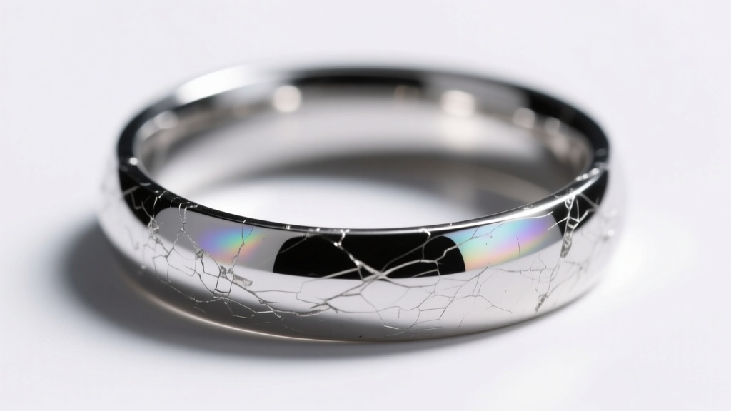 Macro shot of a platinum band showing microscopic surface scratches and metal displacement under harsh directional studio lighting.