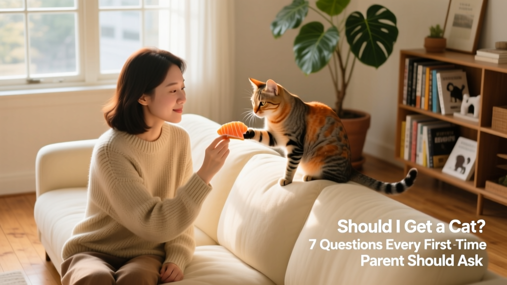A person sitting on a cozy couch offering a treat to a relaxed tabby cat perched on the backrest
