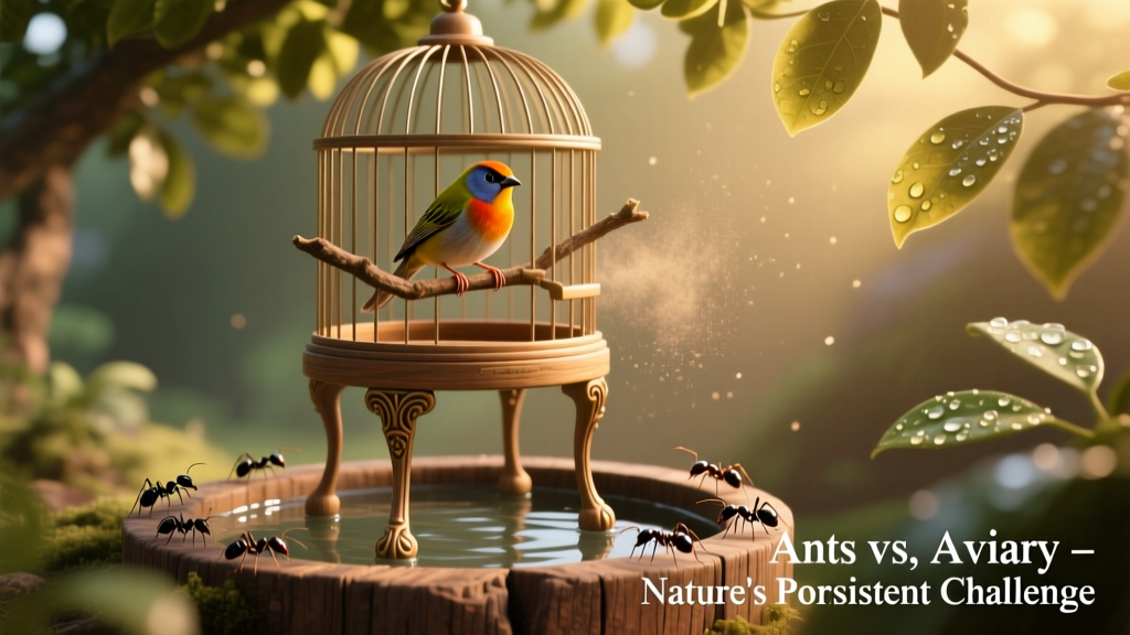 Bird cage elevated on legs with water-filled moats surrounding each leg