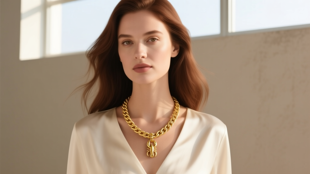 Elegant woman wearing an 18-inch solid gold pendant necklace, soft lighting highlighting the delicate cable chain and secure clasp