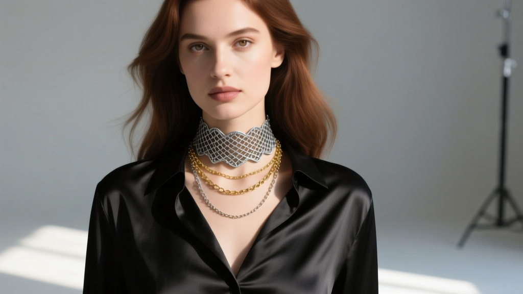 A woman wearing a layered vintage mesh choker necklace over a black silk blouse, highlighting the drape and reflection of metal.