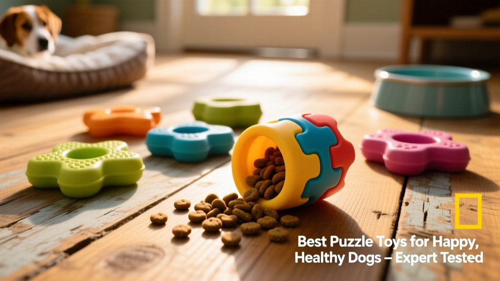 A variety of colorful, durable food puzzle toys arranged on a wooden floor, with one partially filled with kibble