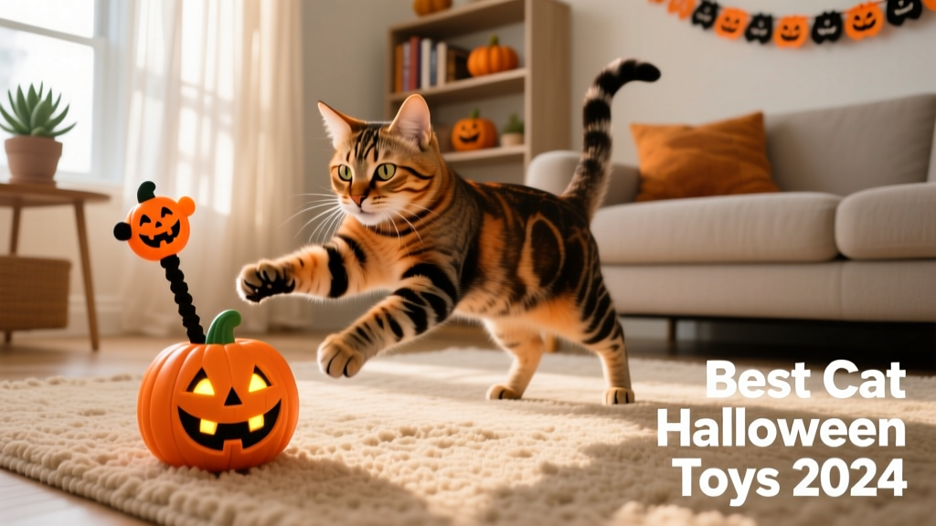 A playful tabby cat batting at a jack-o’-lantern wand toy on a living room rug