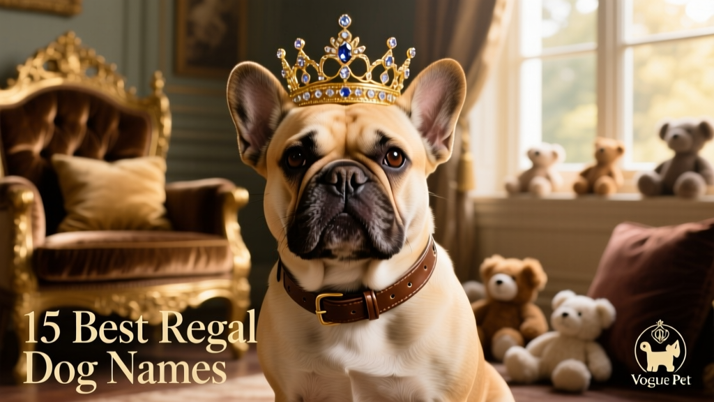 A dignified dog wearing a small, ornate crown