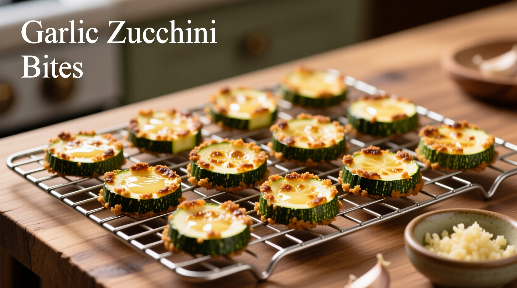 Golden brown zucchini garlic bites on wire rack