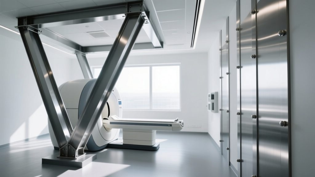 Structural W-shape steel beams supporting an MRI base, alongside non-magnetic stainless steel wall studs in a shielded clinical room.