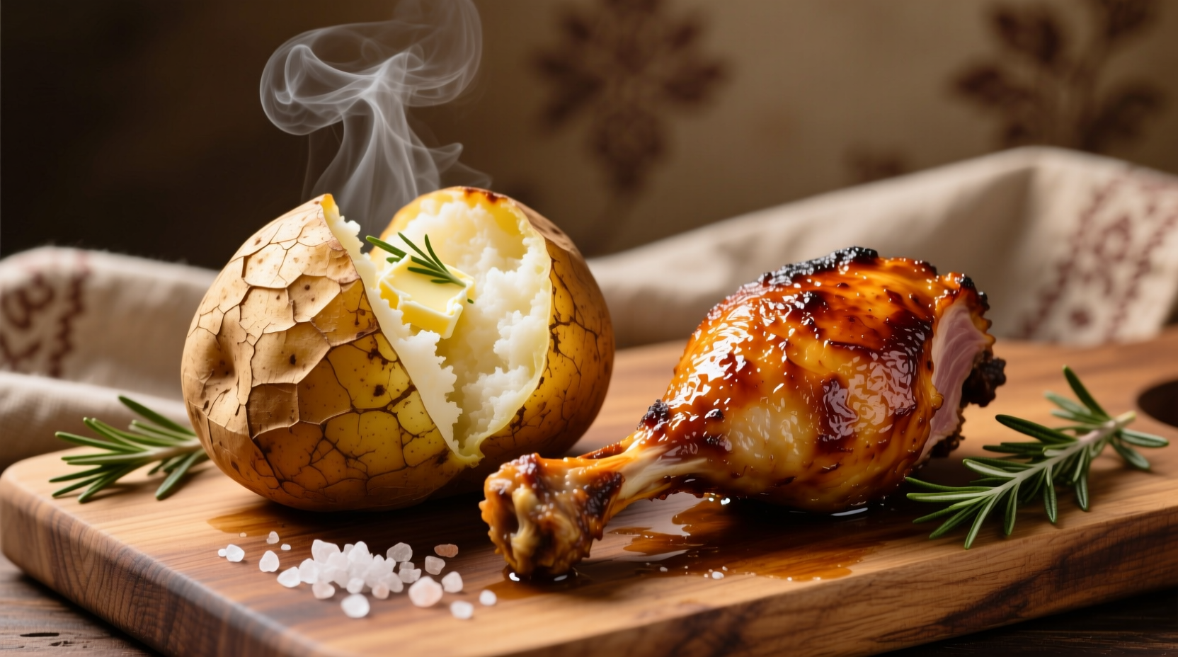 Perfectly cooked baked potato with roasted chicken