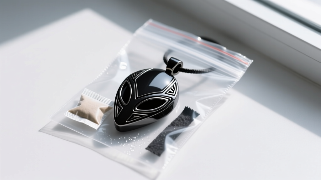 Black PVD-coated steel alien pendant stored inside a sealed anti-tarnish bag with a silica gel packet and a charcoal strip