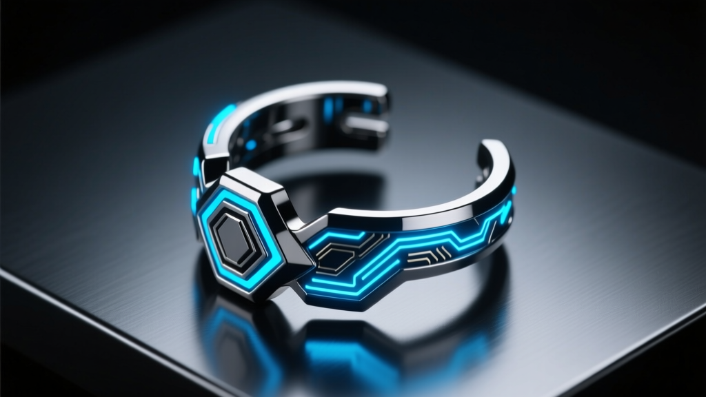 Futuristic cyberpunk ear cuff with glowing blue LED accents on a dark matte metallic surface under dramatic studio lighting setup