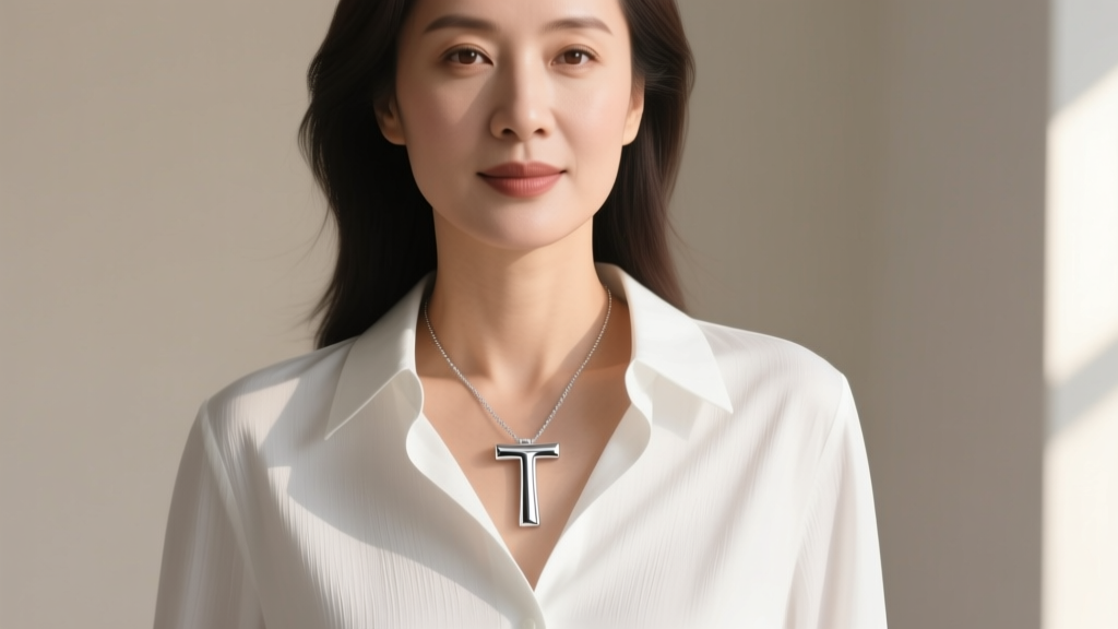 Woman in a crisp white button-down shirt wearing a 16-inch sterling silver T pendant necklace, shot from a medium chest-up angle