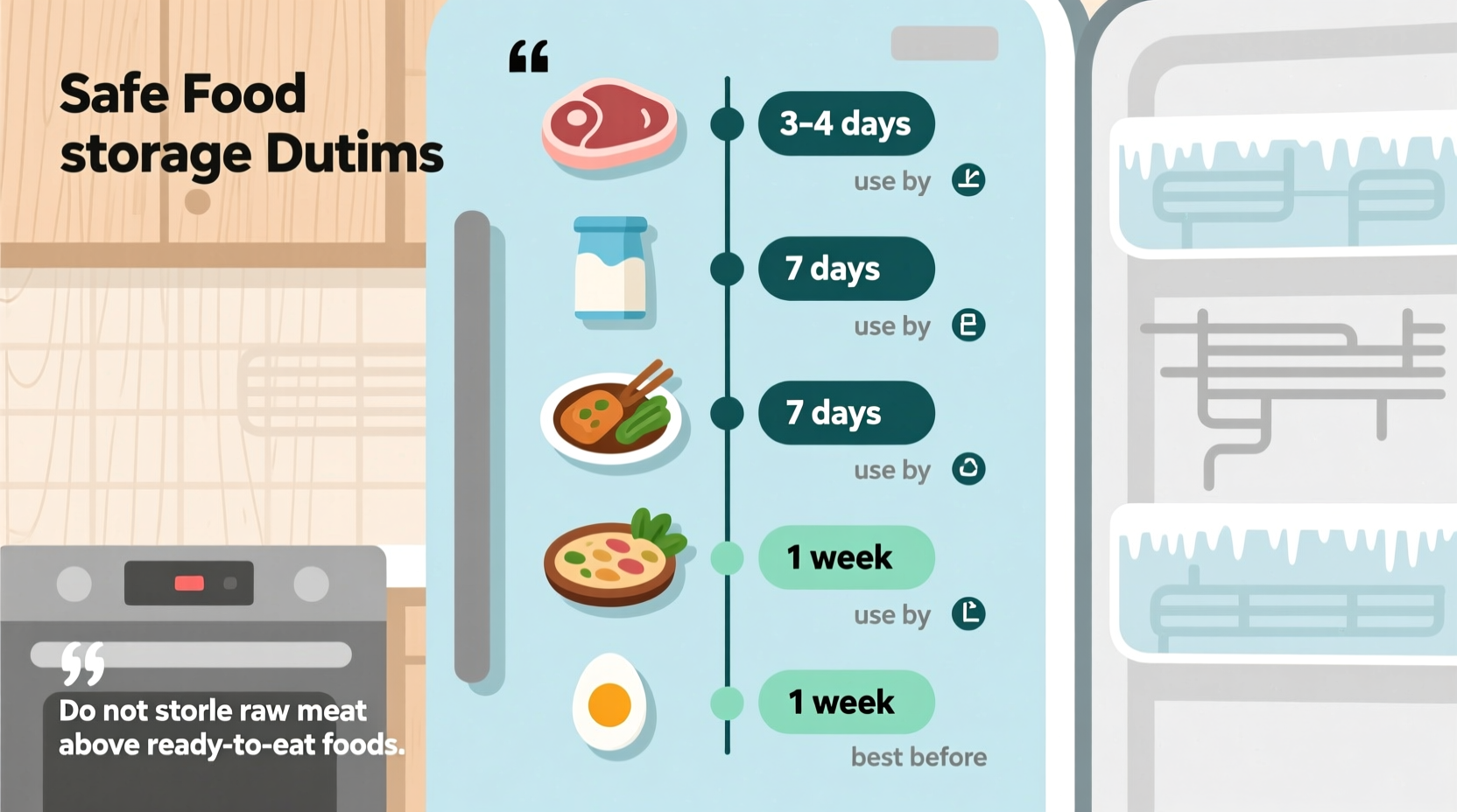 Refrigerator food storage timeline chart showing safe durations