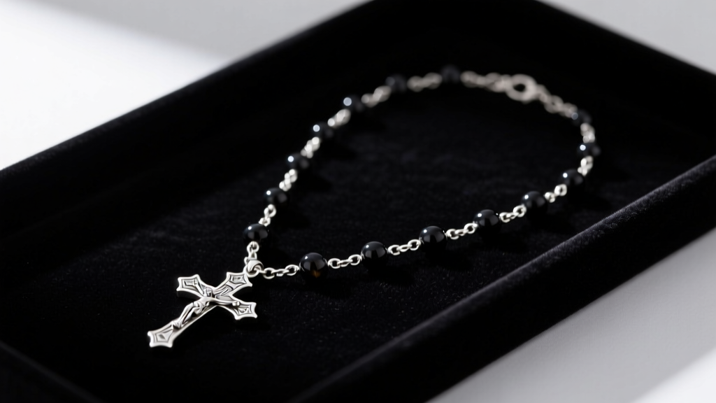 Silver rosary necklace draped over dark velvet tray, featuring small onyx beads and a detailed crucifix pendant in soft lighting