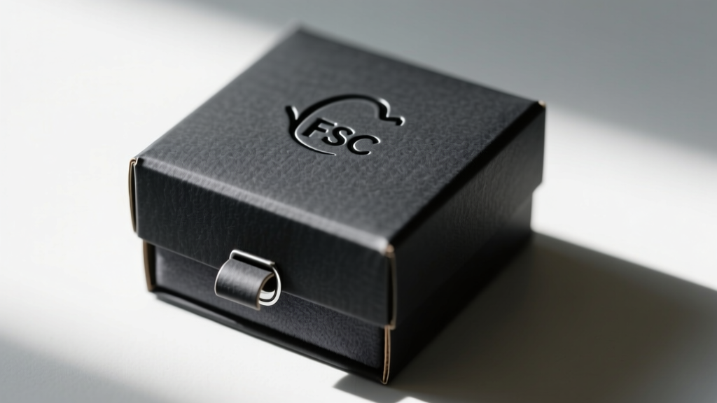 Macro shot of a matte black FSC-certified cardboard small jewelry gift box with a blind debossed logo and magnetic closure