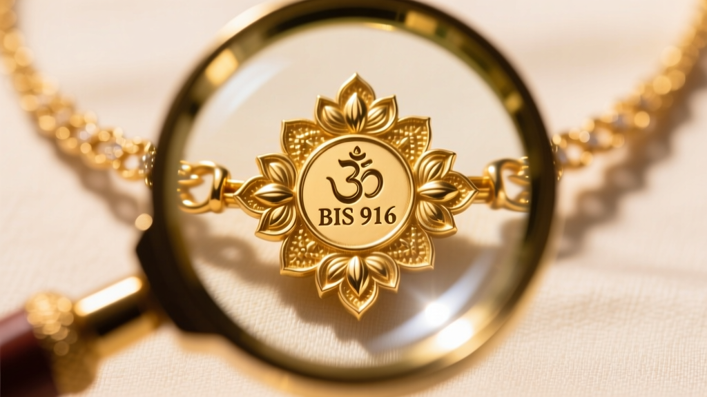 Close-up of a loupe examining a BIS 916 hallmark on a 22k gold Indian Temple necklace clasp, lit by a bright, focused LED beam