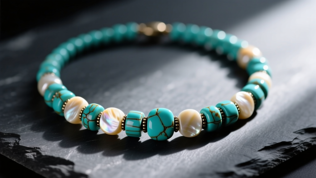 Close-up of a vintage Santo Domingo heishi necklace of turquoise and shell beads resting on dark slate in natural sunlight.