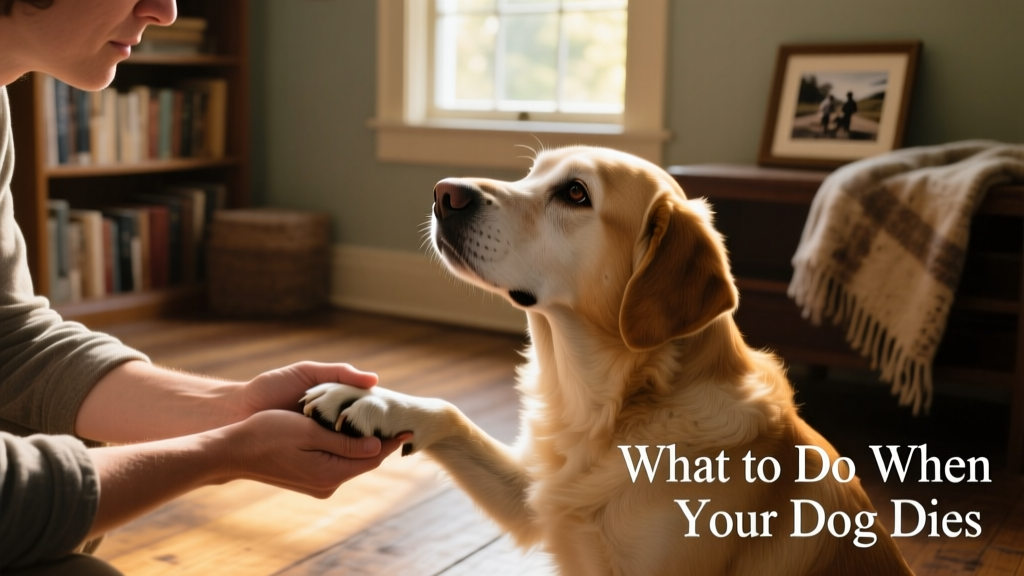 A pet parent gently holding their dog's paw in a peaceful, loving moment