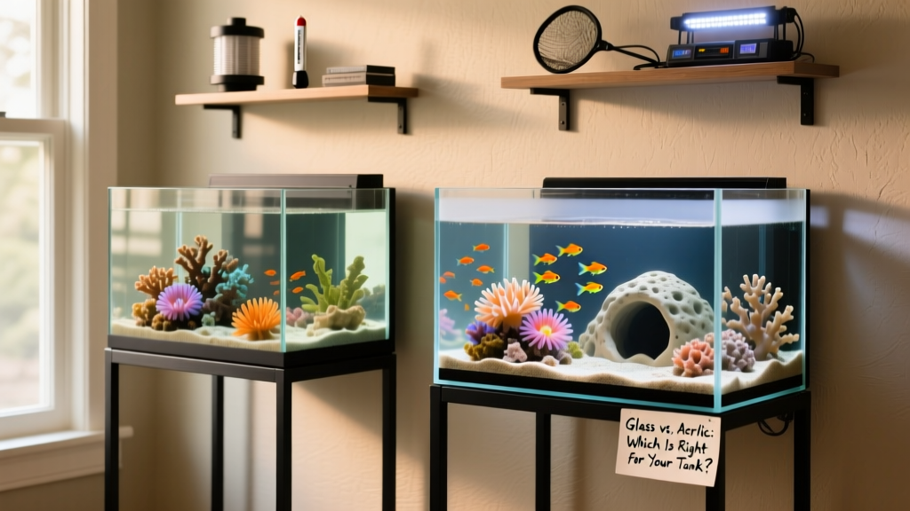 Side-by-side comparison of a sleek glass aquarium and a modern acrylic tank on matching stands